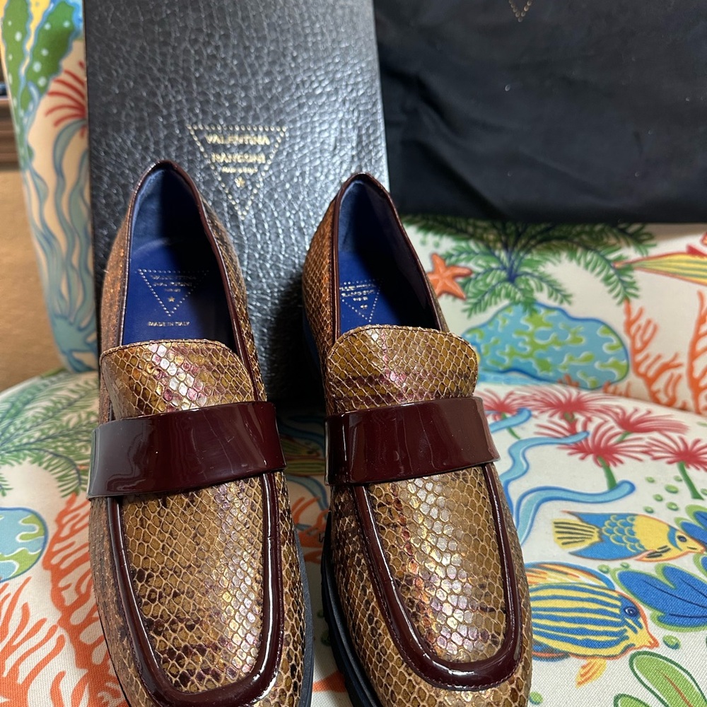 Valentino Women's Snakeskin Patterned Loafers in Brown and Burgundy